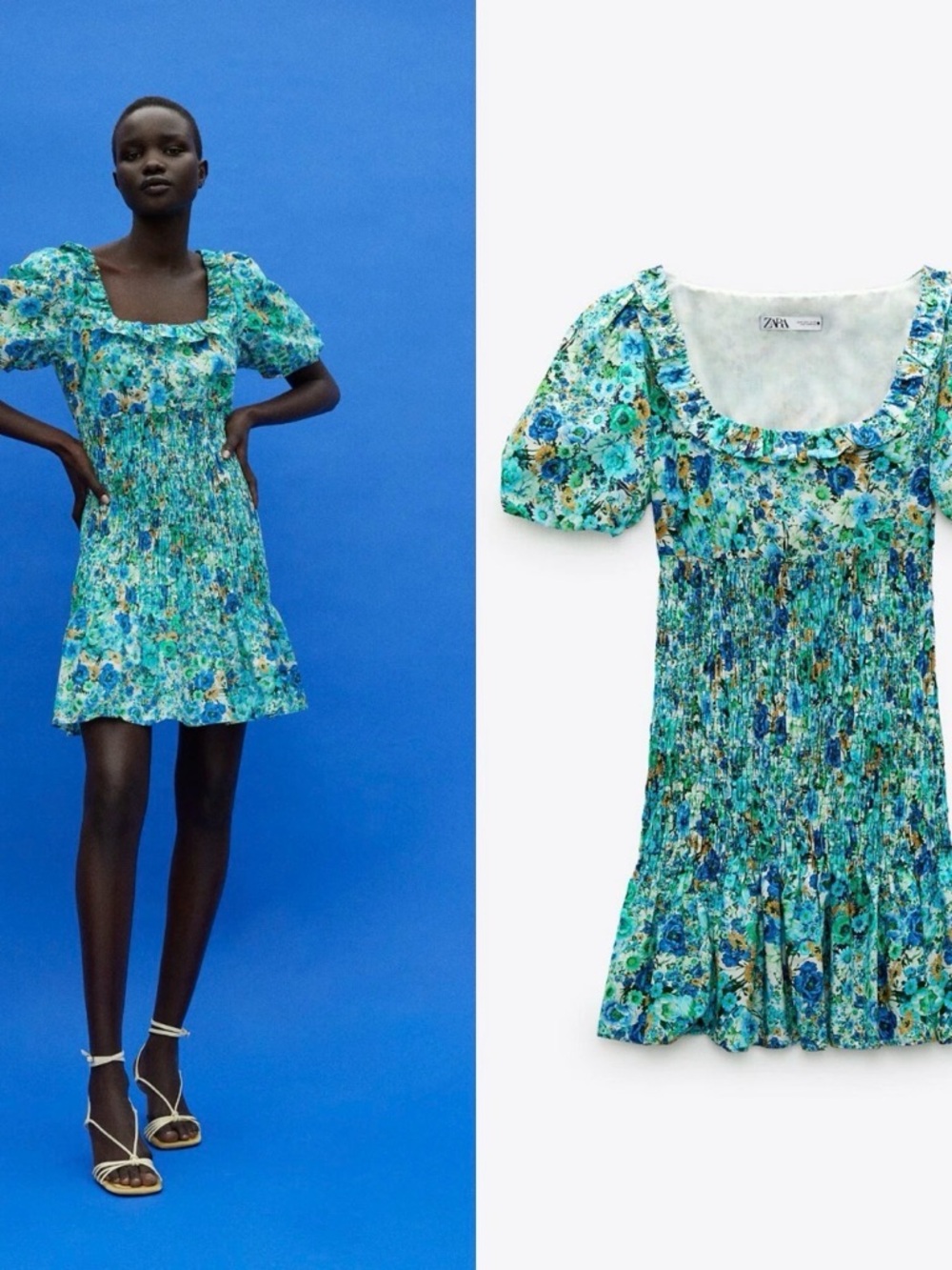 Zara Turquoise and Green Floral Smocked Mini Dress